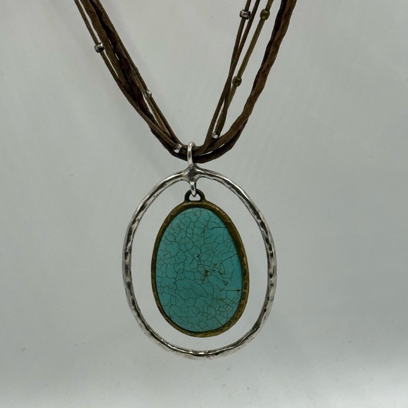 SILPADA STERLING & BRASS, TURQUOISE HOWLITE HALO PENDANT LEATHER NECKLACE - Picture 7 of 11